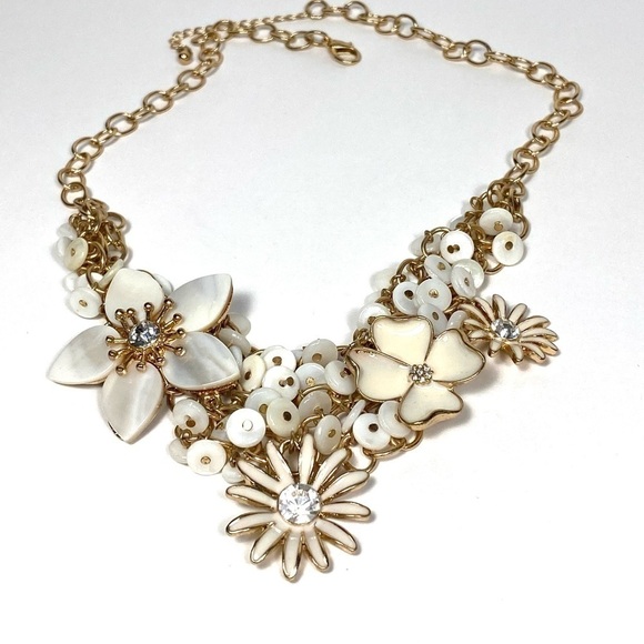 Jewelry - Necklace Bib Flowers Enamel Mother of Pearl Lucite Gold Tone 19”+2” NWT